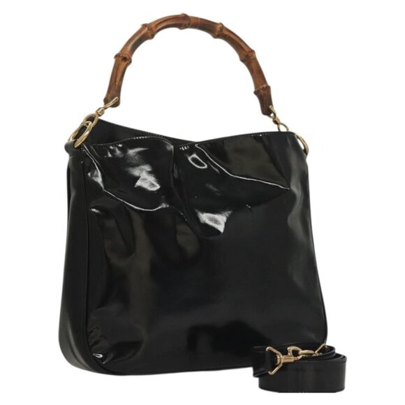 GUCCI Bamboo Hand Bag Enamel 2way Black Gold - Picture 9 of 16